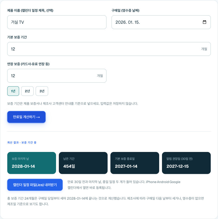 구매일 2026-01-15, 기본 12개월 + 카드사 연장 12개월을 넣은 결과. 기본 종료일과 연장 포함 종료일이 따로 표시되고 .ics 파일을 받을 수 있다.